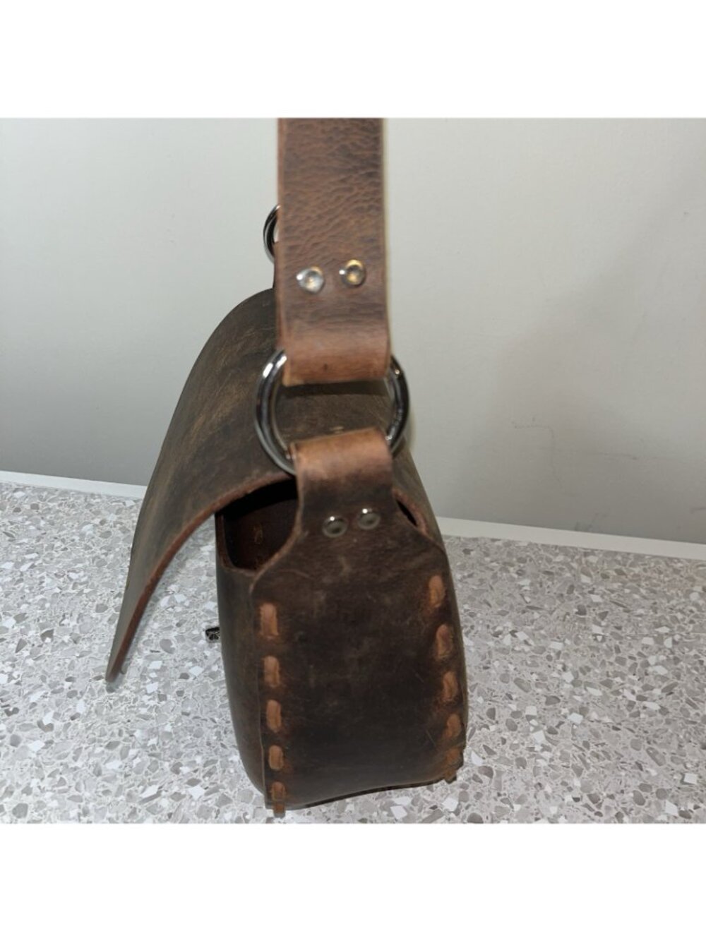 Brown Leather Handbag Purse Structured Whipstitch Swing Lock Steampunk FLAW READ - Picture 6 of 8